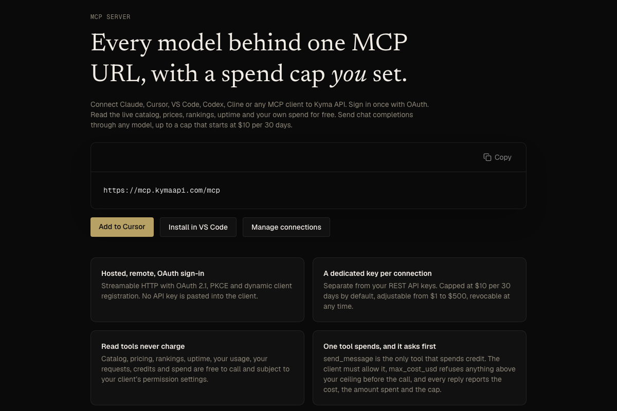 Kyma MCP setup page with connection URL and setup actions